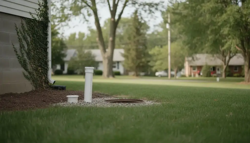 A residential sewer cleanout and foundation drain access at the quiet edge of a yard